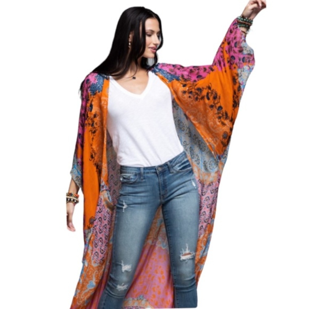 Vibrant Ruggine Demask Print Kimono Duster